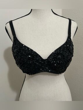 Twentyone Black Beaded Sequin Bustier Top Bra Medium Y2K Glam Festival Party